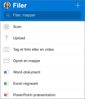 Skærmbillede af menuen Tilføj i OneDrive-app til iOS