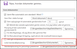 Lagringsindstillingerne i Word viser standardindstillingerne for arbejdsmappe