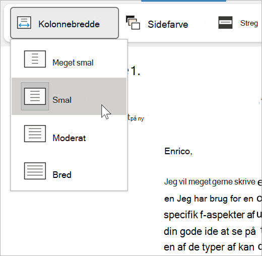 skærmbillede af rullemenuen kolonnebredde for forenklet læser, indstillingerne er meget smalle, smalle, moderate, brede