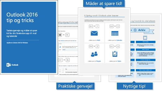 Outlook 2016 tips og tricks e-bogsforside, sider indeni viser nogle tips