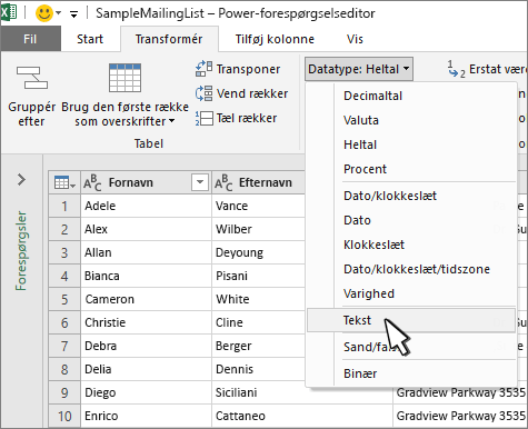 Vinduet Power Query med Tekst markeret