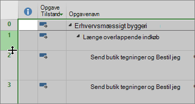 Skærmbillede af Gantt-diagramvisning, hvor markøren holdes over rækkeopdeleren