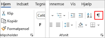 Ikonet Vis/skjul fremhæves på fanen Hjem.