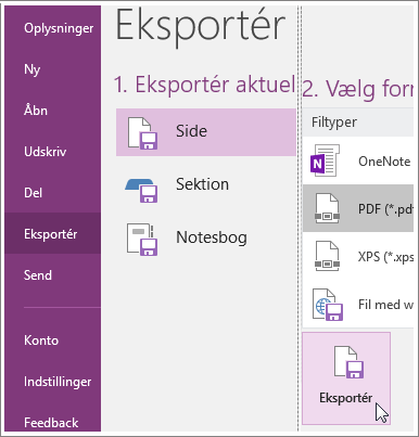 Skærmbillede af, hvordan du eksporterer en side med noter i OneNote 2016.