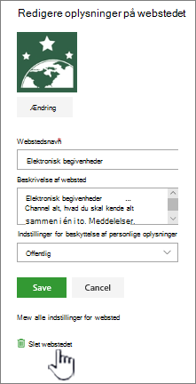 Slet webstedsplacering for SharePoint-teamwebsted