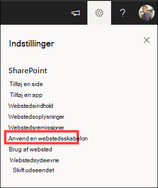 Indstillinger med Anvend en webstedsskabelon fremhævet.