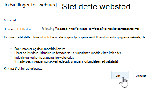 Klik på Slet, hvis du er sikker på, at du vil slette det underordnede websted