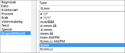 Dialogboksen Formatér celler, brugerdefineret kommando, h:mm-type