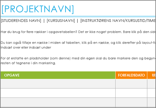 Gammel udgave af skabelonen Liste med projektopgaver med en minimumsskrifttype på 8,5 punkter.