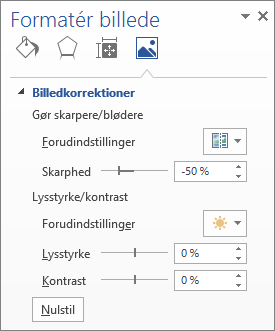 Indstillinger for billedkorrigering i opgaveruden Formatér billede