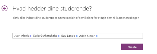 Tilføj de studerendes navne i OneNote-klassenotesbogen.