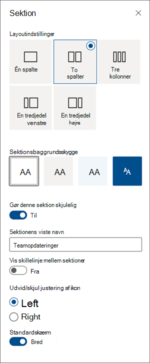 skærmbillede af ruden sektionsformatering