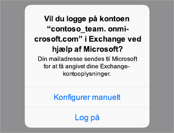 Tryk på Log på, hvis du bruger O365, eller tryk på Konfigurer manuelt, hvis du kender din organisations serverindstillinger.