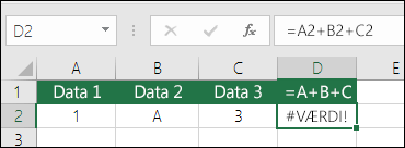 Eksempel på forkert formelopbygning.  Formlen i celle D2 er =A2+B2+C2