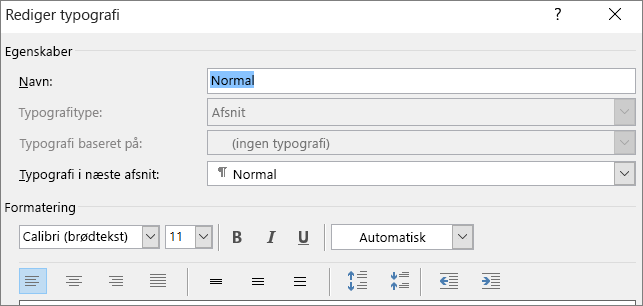 Formatering under Rediger typografi i Word