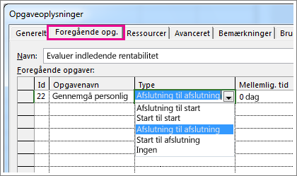 Fanen Foregående opgaver i dialogboksen Opgaveoplysninger