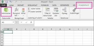 Fanen PowerPivot og knappen Administrer