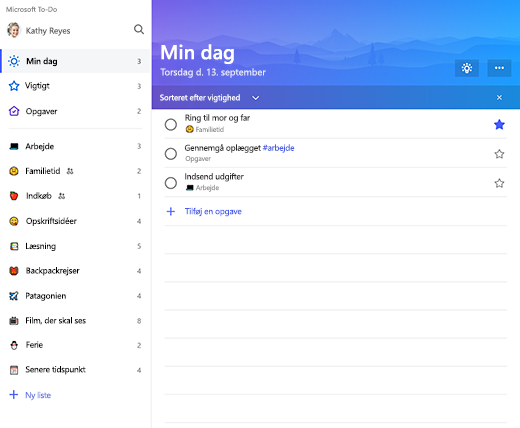 Skærmbillede, der viser listens sidepanel og listen Min dag i Microsoft To-Do
