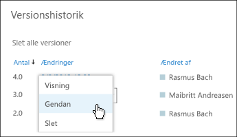Vælg "Gendan" i rullemenuen for en markeret dokumentversion
