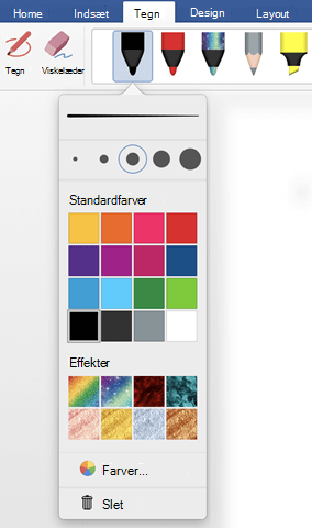 Indstillinger for farve og tykkelse af en pen i galleriet Office-penne på fanen Tegn