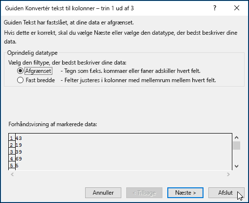 Billede af Data > dialogboksen Tekst til kolonner