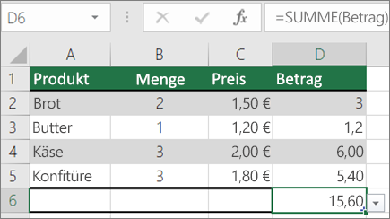 Beispiel für eine SUMME-Forrmula