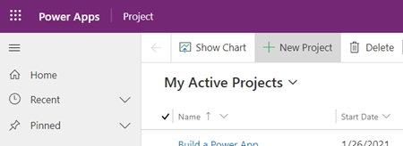 Die Schaltfläche „Neues Projekt“ in der Project Power App