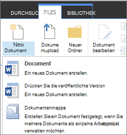 Schaltfläche "Neues Dokument" mit Dropdown im Menüband