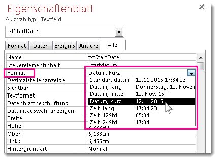 Abbildung des Eigenschaftenblatts mit geöffneter Dropdownliste 'Format'