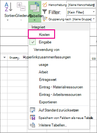 Kostentabelle im Menü 'Tabellen'