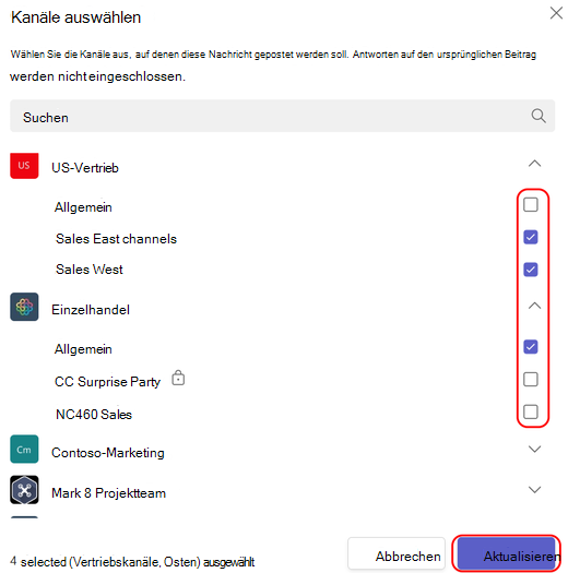 Wählen Sie Kanäle aus, in die Sie posten möchten.
