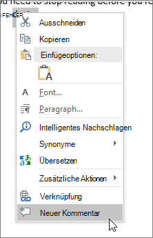 Wählen Sie im Kontextmenü "Neuer Kommentar" aus.