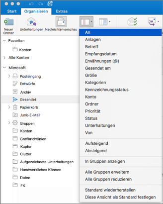 Sortieren Sie Ihre E-Mails auf unterschiedliche Weise, indem Sie auf "Organisieren" > "Anordnen nach" klicken und dann Ihre Auswahl in der Liste der Optionen treffen.