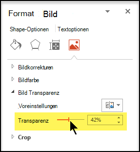 Ziehen Sie den Schieberegler Transparenz nach rechts, um den Grad der Deckkraft für das Bild anzupassen.