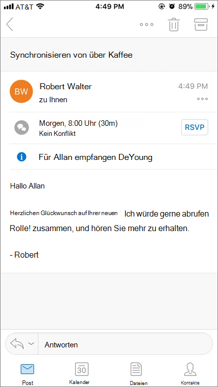 Screenshot des Bildschirms eines Mobilgeräts mit E-Mail-Element.