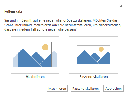 Wählen Sie "Maximieren" aus, um den verfügbaren Platz vollständig zu nutzen, oder "Passend skalieren", um sicherzustellen, dass der Inhalt auf die vertikale Seite passt.