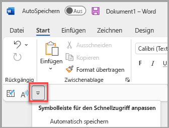 Position der Symbolleiste für den Schnellzugriff unter dem Menüband