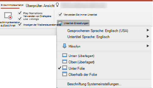 Die Einstellungen für Beschriftungen und Untertitel befinden sich in PowerPoint auf der Registerkarte Bildschirmpräsentation.