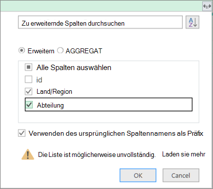 Erweitern der strukturierten Tabelle in die Abfragetabelle