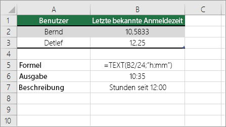 Beispiel: Konvertieren von Stunden von der Dezimalzahl in die Standardzeit