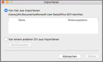 Dialogfeld "Identitäten importieren" mit ausgewählter Option "Von hier aus importieren"