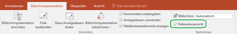 Auf der Registerkarte "Bildschirmpräsentation" in PowerPoint befindet sich ein Kontrollkästchen, mit dem gesteuert werden kann, ob beim Vorführen der Präsentation die Referentenansicht verwendet wird.