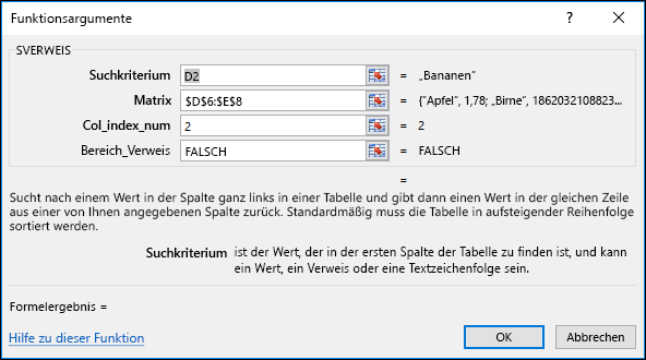 Beispiel für das Dialogfeld "Formel-Assistent"