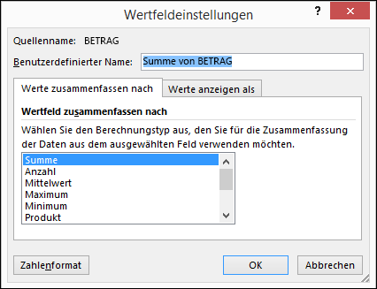Excel-Dialogfeld "Wertfeldeinstellungen" für "Werte zusammenfassen nach"-Optionen
