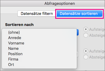 Auf "Datensätze sortieren" klicken, um Elemente im Seriendruck zu sortieren