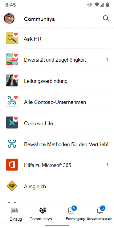 Screenshot: Communitys in der Yammer Android-App