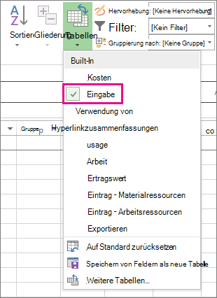 Schaltfläche 'Tabellen' auf der Registerkarte 'Ansicht'