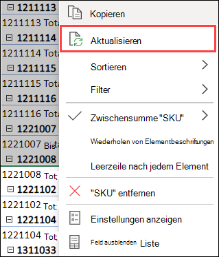 Aktualisieren einer PivotTable