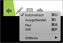 Screenshot: Verfügbare Optionen für den in einer Bildschirmpräsentation verwendeten Zeiger Optionen sind "Automatisch", "Ausgeblendet", "Pfeil", "Stift" und "Stiftfarbe".