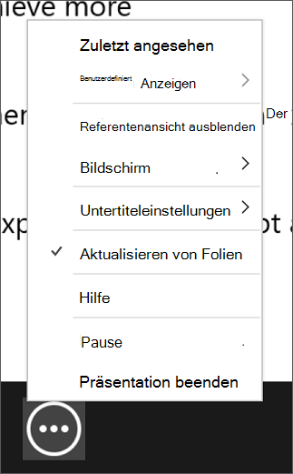 Das Menü "Weitere Optionen für die Bildschirmpräsentation" in der Referentenansicht.